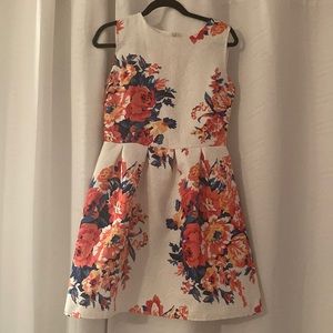 White with floral print knee length dress